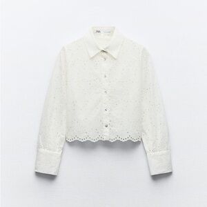ZARA Embroidered Eyelet Crop Button Front Shirt White Size S NWT